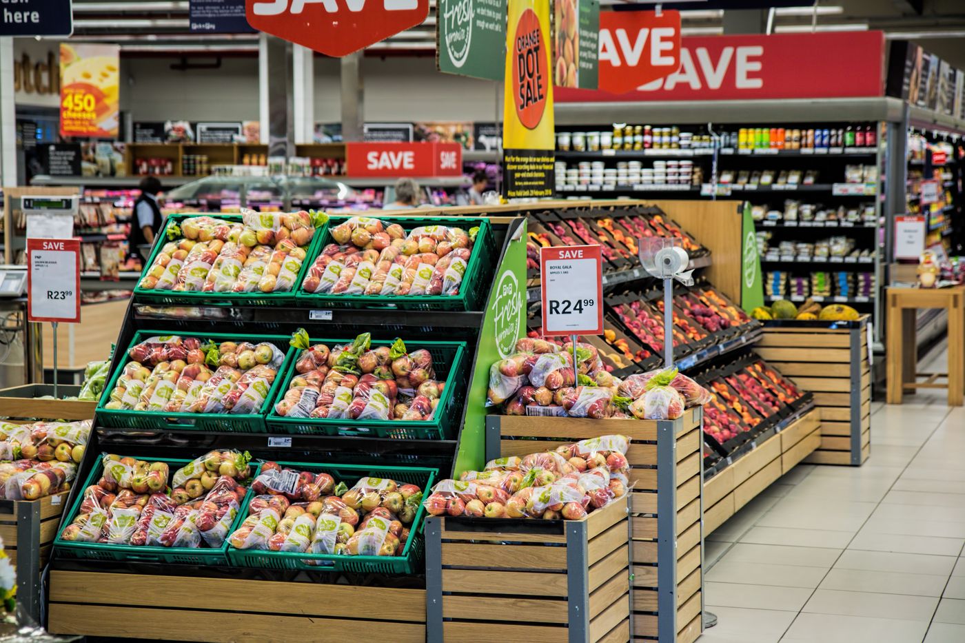 Food products and stock displayed in a retail outlet